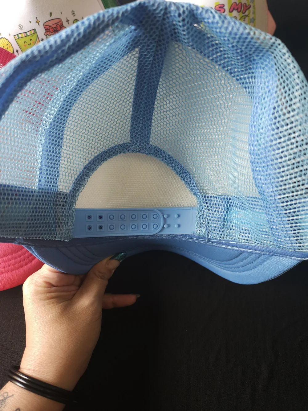 Handmade Blue Trucker Hat with Pink Pontoon Boat Graphic  
